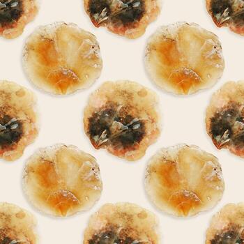 Minimal style seamless nature pattern with sea Anomia shells, beige yellow colored seashells, oceanic aesthetic design card, harmony and tranquil atmosphere. Summer, beach, relahation, vacation photo