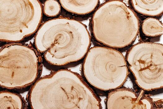 Natural background wth Wooden tree trunk slices, close up woods with texture annual rings. Top view of cross section of juniper log, nature organic pattern. Sawed timber with tree rings photo