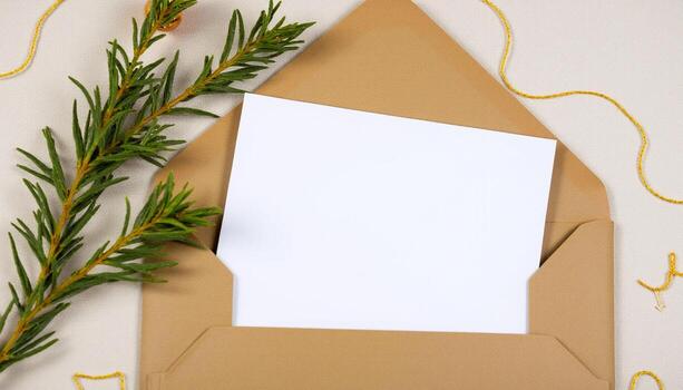 Blank paper in an envelope with a spruce branch on a white background photo