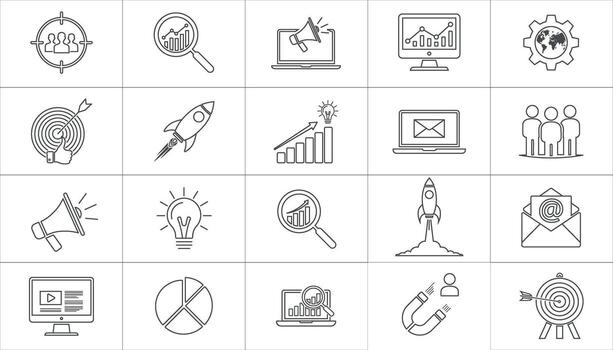 digital márketing estrategia silueta íconos conjunto para crecimiento estrategias, apuntando, y datos análisis vector