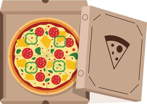 A cartoon-style illustration of a pizza in an open cardboard box, with a pizza slice icon on the box lid. vector