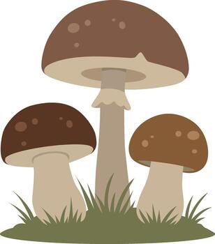 Illustration of three brown mushrooms of varying sizes growing in a patch of green grass, depicted in a simple, cartoon style. vector