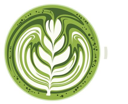Top-down view of a matcha latte with a stylized leaf design in the foam, presented in a white cup. vector