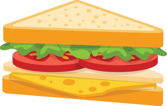 Cartoon illustration of a sandwich with bread, cheese, tomatoes, and lettuce, presented in a layered, exploded view. vector