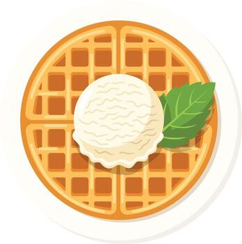 De arriba hacia abajo ver de un gofre coronado con un cucharón de hielo crema y adornado con un Fresco verde menta hoja. vector