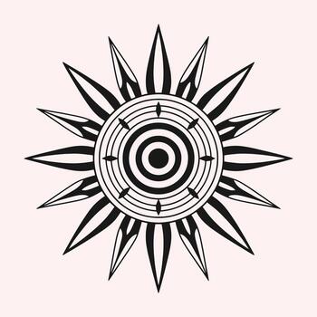 negro y blanco rayos de sol gráfico con concéntrico círculos y puntiagudo rayos resumen símbolo vector