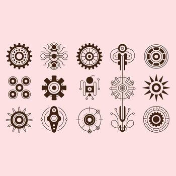 colección de marrón mecánico y resumen circular gráfico elementos en un pálido rosado antecedentes engranajes vector