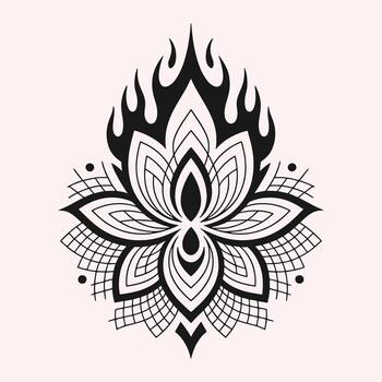 Black and white abstract lotus flower with flame motif and geometric patterns on a pale pink background vector