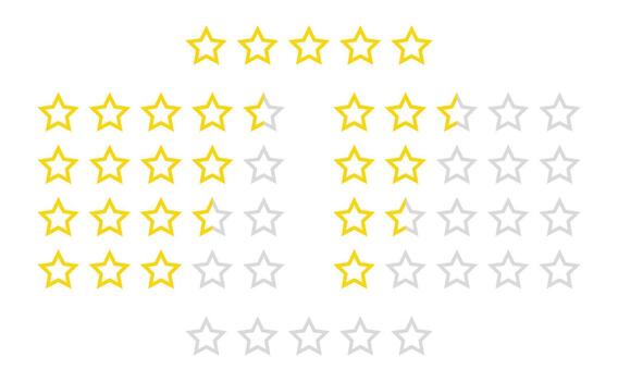 Gold Stars rating icon set, five star rating, Gold and gray star icons in rows, representing a rating system. vector