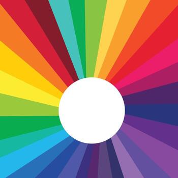 sencillo arco iris vistoso resumen antecedentes diseño, resumen diseño presentando un circular blanco centrar rodeado por radiante color arcoiris triangular segmentos vector