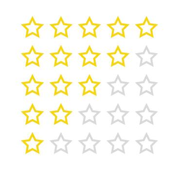 Gold Stars rating icon set, five star rating, A set of star icons arranged in a grid, featuring four rows and five columns. vector