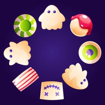 A round Halloween candy frame on a dark background. A wreath of lollipops and sweets in the shapes of ghosts, eyes, and skulls. The template is perfect for party invitations or greeting cards. vector