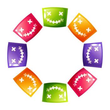 un redondo Víspera de Todos los Santos caramelo marco en un blanco antecedentes. un guirnalda de piruletas y dulces en el forma de un cráneo y rostro. el modelo es Perfecto para fiesta invitaciones o saludo tarjetas vector