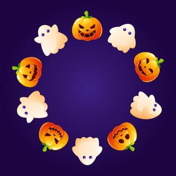 A round Halloween candy frame on a dark background. A wreath of lollipops and sweets in the shape of a pumpkin with a face and a ghost. The template is perfect for party invitations or greeting cards vector