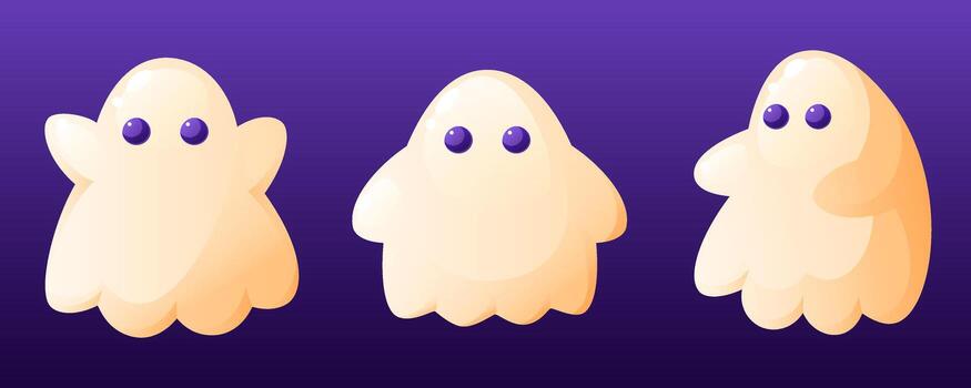 A set of three Halloween ghosts in different positions. Funny ghost icons. Cute ghost characters. Design elements for logos, badges, banners, labels, and posters. vector