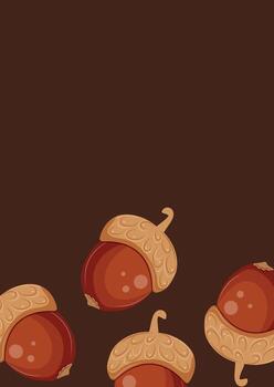 A4 poster with an icon of an autumn nut, namely a brown, ripe acorn with an oak tree cap on a brown background, icons for various autumn designs and patterns or stickers vector