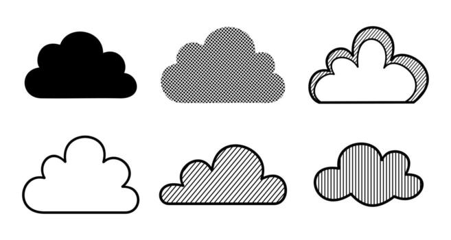 Set of stylized cloud icons, various shapes and textures with halftone and lines. vector