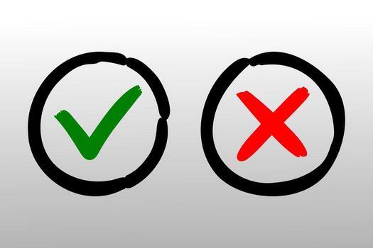 Hand-drawn check mark and cross sign set for correct and incorrect icons vector