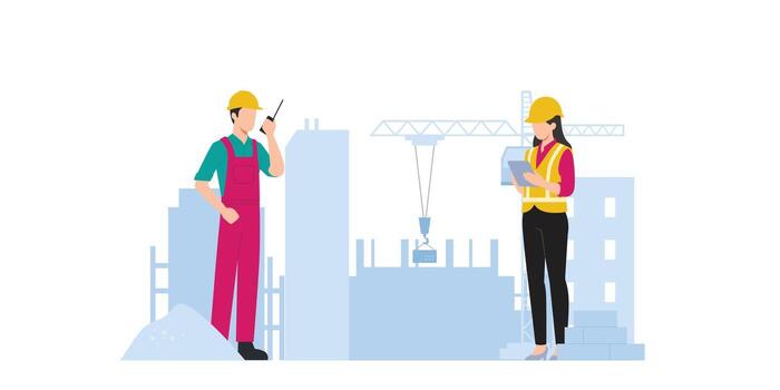 Illustration of construction workers at a construction site with a crane and a building. Suitable for architecture, construction, and civil engineering themes. vector