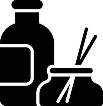 A icon showing an oil bottle next to a reed diffuser with sticks. vector