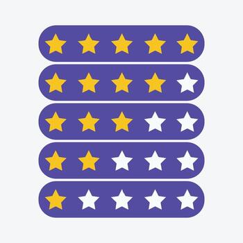 Five rows of rating stars with varying yellow and white star combinations Keywords star rating, five vector