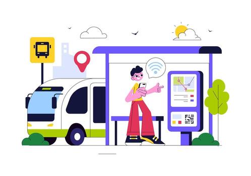 Smart City Transport Illustration with Bus Tracking, GPS Navigation, and Mobile Interface vector