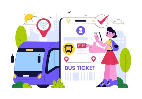 Intelligent Public Transport Illustration with Bus Tracking and GPS Map Navigation in Smart Urban City vector