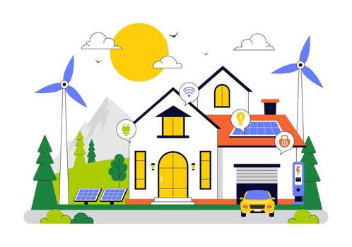 Smart Home Devices Illustration Featuring Eco Friendly Automation System and Smartphone App vector