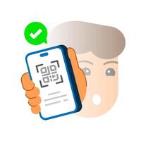 ilustración de mano participación teléfono inteligente con qr código y cheque marca. digital boleto, mi boleto verificación, en línea registro prueba, móvil aprobar, o electrónico acceso confirmación vector