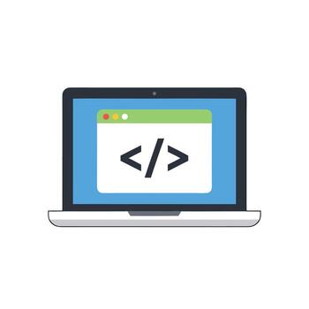 Flat Design Illustration of a Laptop Screen Displaying Code Brackets for Programming and Web Development vector