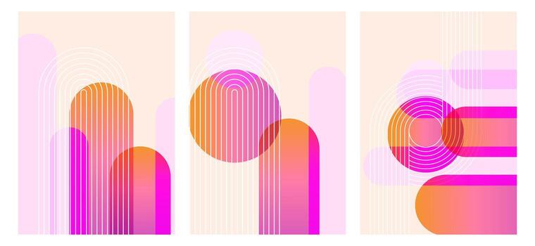 A set of abstract geometric art prints in pink tones. Modern posters with linear shapes and gradient elements. Minimalistic banner templates. vector