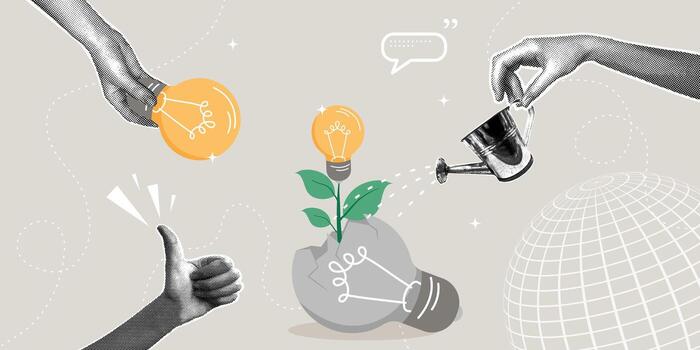 Trendy halftone collage. Development of ideas, growth, innovation, and collaboration. The concept of failure, aspirations, and efforts to create new innovations, learning from mistakes, information vector