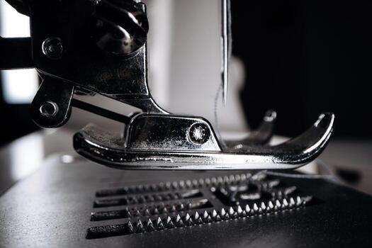 Close-up view of a sewing machine foot pressing down on fabric, showcasing intricate stitching patterns and the precision of textile craftsmanship in a well-lit workspace photo