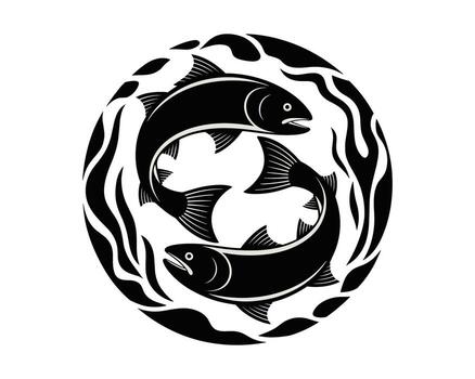 Stylized black and white circular design featuring two intertwined fish swimming in a dynamic water pattern vector