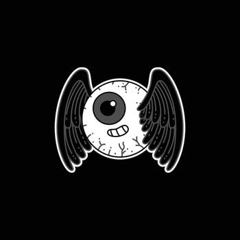 A whimsical cartoon illustration of a single eyeball with a happy expression and large, dark wings, presented in a monochrome style. Eyeball Wings Retro Mascot. vector