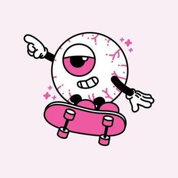 A fun, cartoon-style eyeball character with red veins and a happy expression, riding a pink skateboard and pointing forward. Eyeball Retro Mascot. vector