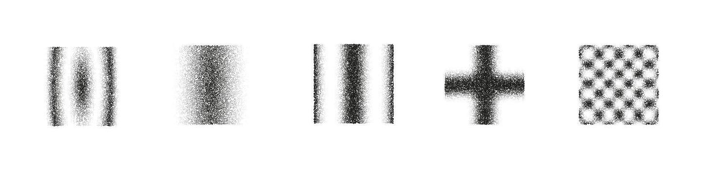 Set of noisy grain abstract shapes, blurry halftone gradient texture with lines, cross and dotted circle pattern, black and white stipple noise elements for poster, cover, digital background design vector