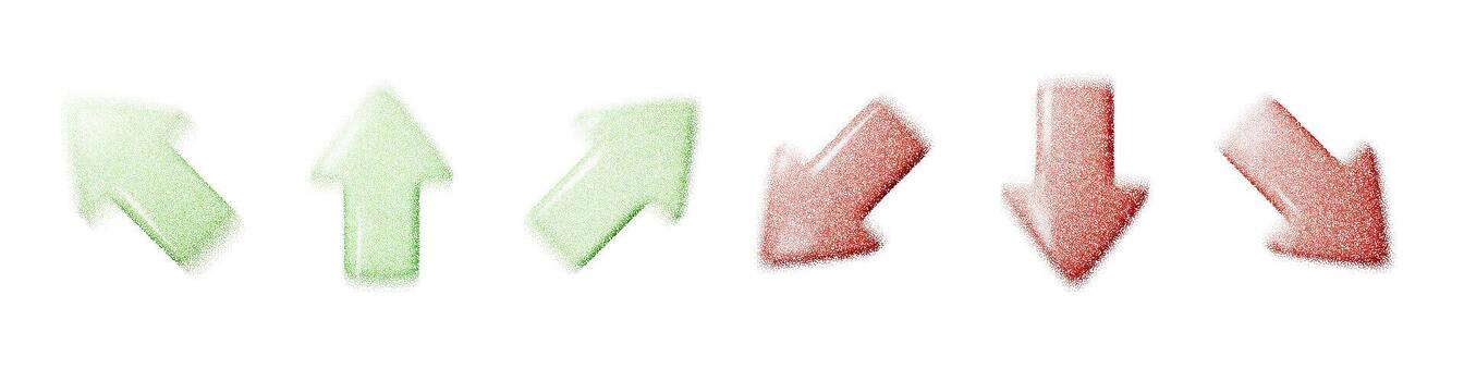 Set of green up arrows and red down arrows with grainy noise blur texture, abstract halftone gradient symbol for stock market, finance, growth, decline, trading, digital infographic design vector
