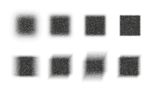 Set of blurry noisy square shapes, grain halftone gradient texture, black and white stipple abstract dotted noise pattern, grunge geometric element for poster, cover, digital background design vector