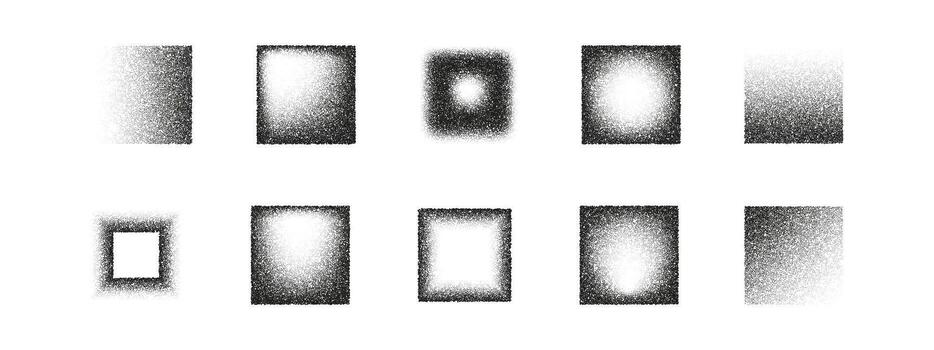Set of noisy gradient rectangle and square shapes, halftone texture, grain stipple effect, black and white abstract dotted noise pattern for modern poster, social media, grunge design vector