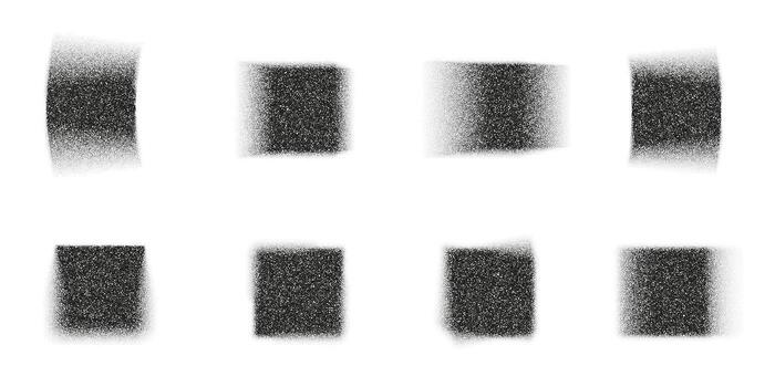 Set of noisy grain rectangle and square shapes, blurry halftone gradient texture, black and white stipple abstract dotted noise pattern, grunge geometric element for poster, cover, digital design vector