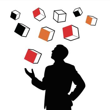 Silhouette of a person skillfully juggling multiple colorful and outlined cubes vector