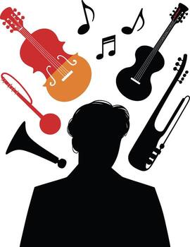 Silhouette of a person with musical instruments and notes floating above their head silhouette vector