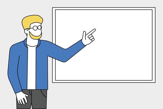 A man stands in front of a banner, presentation of his work or teaching flat design illustration vector