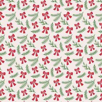 Christmas pattern with red bows and green fir branches. Festive decoration for fabric and wrapping paper. New Year's festive background. vector