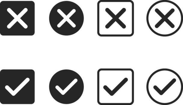 check mark and cross mark icon set. Yes, no sign. Approve and reject symbols vector