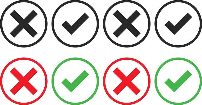 check mark and cross mark icons set. Yes, no sign. Approve and reject symbol. Green Tick and Red X Sign vector