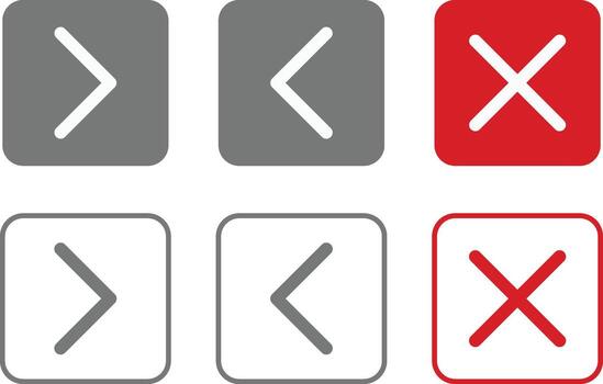 Previous next and close page button sets. Chevron lest, right symbol vector