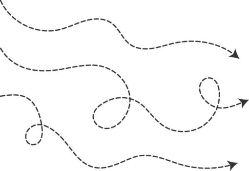 Dot line path arrow set. Curved Dashed line arrows. Wavy dotted line path Long squiggle arrow vector