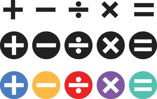 mathematical symbol icons set. Plus, minus, Multiply, division sign. Calculator button symbols vector